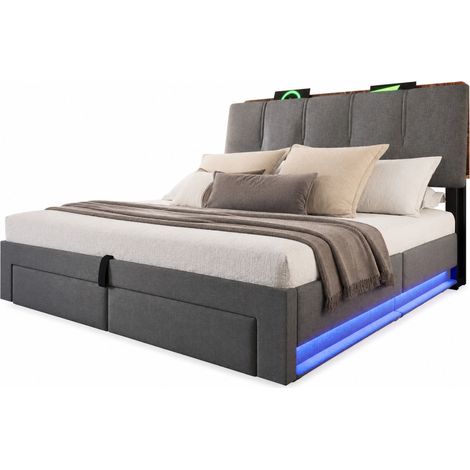 Cama tapizada 140x200 cm con almacenamiento hidráulico, cajones laterales, cabecero acolchado, USB y USB-C, LED, sin colchón, gris, tela de lino  CHICFURN (1/5)