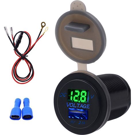 2,1-A-USB-Kfz-Ladegerät, IP66 wasserdicht, Voltmeter, Spannungsanzeige, DC 12–24 V, Grün (1/5)