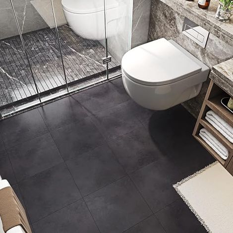 PVC Adhesive Floor Tiles Anthracite Grey Concrete PVC Adhesive Kitchen Waterproof Tiles Bathroom Cement Tiles for Floors Adhesive Dark 30 x 30 cm 5 Tiles (1/5)