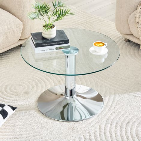 Mesa baja redonda de vidrio 70 cm, vidrio templado, estructura metálica plateada DESVIAE (1/5)