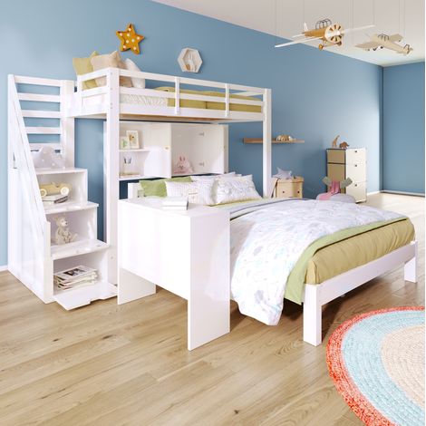 DESVIAE Lit superposé enfant avec rangement et escalier 90x200 140x200 blanc en bois massif et MDF avec étagères et table d appoint mobile (1/5)