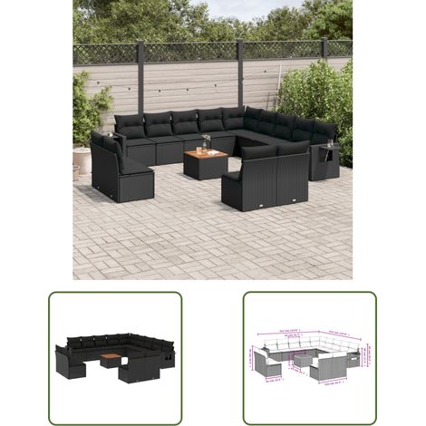 The Living Store 14-tlg. Garten-Sofagarnitur mit Kissen Schwarz Poly Rattan - Gartenmöbel Set - PE-Rattan Möbel - Outdoor Lounge - Esszimmergarnitur - Balkonmöbel (1/3)