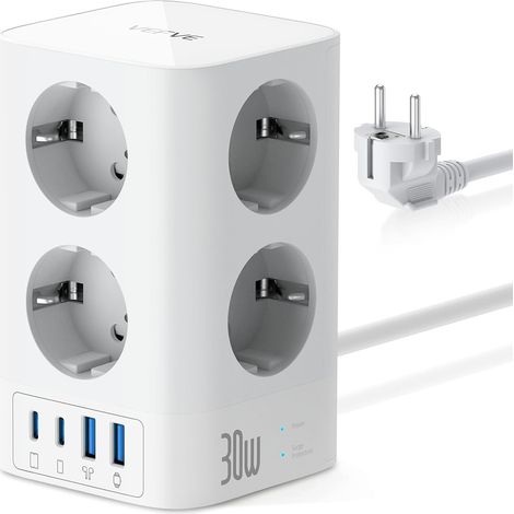 Multiprise Tour 12 en 1 (4000W 16A), Bloc Prise Parafoudre avec USB C 30W Charge Rapide, 8 Prises Françaises et 4 USB, Interrupteur, Câble 5m, Blanc (1/5)