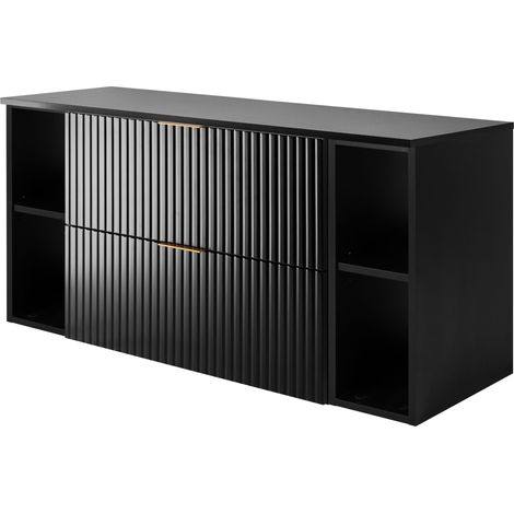 Furnidea - Meuble sous vasque FLOW NOIR 120 cm avec 2 x l'étagères - extensions et plan - 2 tiroirs - façades rainurées (1/5)