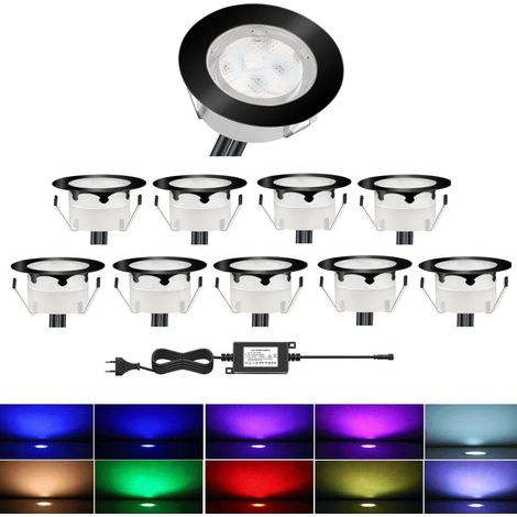 10 Spot LED Eclairage Extérieur Encastrable Sol Terrasse Bois,45mm Spots Encastré Extérieur Fait en IP67 DC12V 1W Avec Alimentation EU Pour Jardin Escalier Patio RGB (1/5)