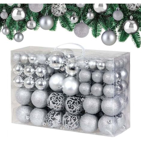 Packung mit 100 robusten Weihnachtskugeln aus Kunststoff für die Innen- und Außendekoration – Silber