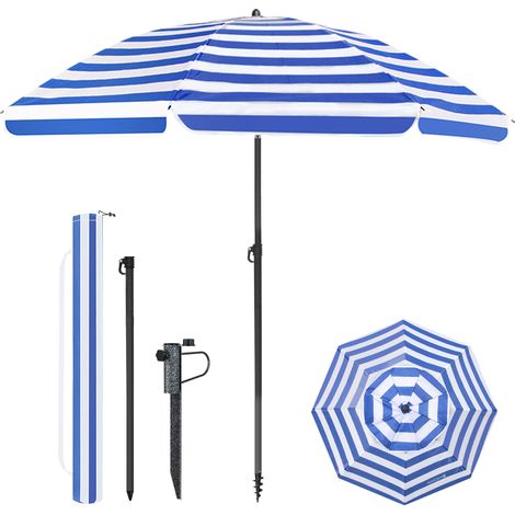 HOMEDEMO Parasol Plage Inclinable avec Revêtement Argenté, Protection Solaire UV50+, avec Pied de parasol à piquer & Housse de Protection, pour Terrasse, Piscine, Marché, 200cm, Bleu et Blanc (1/5)