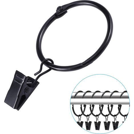 30 Pièces Anneau de Rideau avec Clips, Anneaux de Rideau en Métal Anneaux de Suspension avec Clips pour Rideaux et Tringles, Facile Ouvert et Fermer, 38mm Diamètre Intérieur(Noir) (1/5)