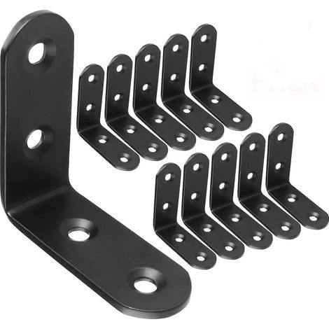 Lot de 20 équerres d'angle à 90° en acier inoxydable 50 mm x 50 mm - Fixations d'angle en L pour étagères et assemblages en bois - Noir (1/5)