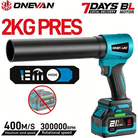 Souffleur turbo sans fil ONEVAN 4000 W – Moteur brushless, 300 000 tr/min, vitesse d’air 400 m/s, pour feuilles et poussière, compatible batterie Makita 18V