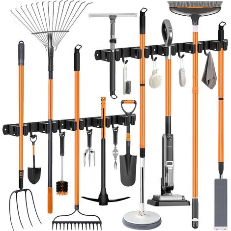 2er Set Besenhalterung Wand, Edelstahl Gerätehalter mit 10 Haltern & 8 Haken, Schwarz (1/5)