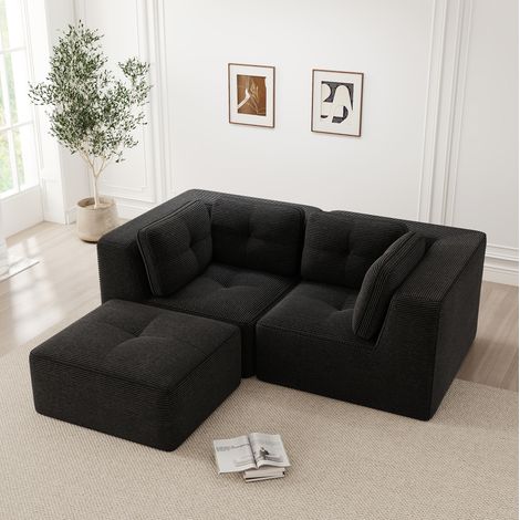 Sofá de esquina modular 208x177x69 cm en tejido negro, ahorro de espacio para salón FloraGrace (1/5)