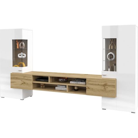 Set di porta TV e 2 armadi Akram in legno e bianco (1/4)
