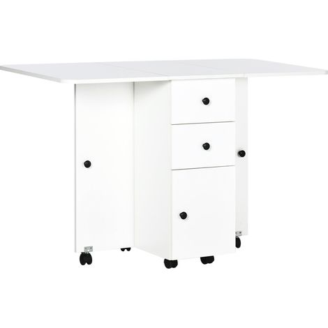 Tavolo a Ribalta per 6 Persone max con 2 Cassetti Armadietto e Ripiano 120x60x76,5 cm in Truciolato Bianco