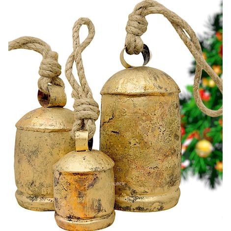 Set of 3 vintage Christmas bells – metal, engraved reindeer, XL, for hanging on wreaths/ornaments