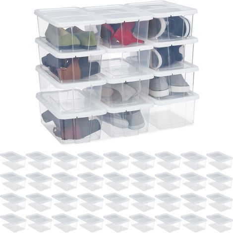 Relaxdays Set of 48, Plastic Shoe Boxes, Stackable, Transparent Storage Container with Lid, 12.5 x 20 x 34.5cm, White