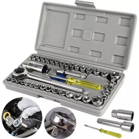 Jeu de 40 outils à cliquet pour moto et auto, coffret de douilles et clés mixtes, trousse mécanique complète (1/5)
