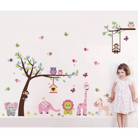 Stickers Muraux Animaux Foret Jungle Rose Autocollant Mural Arbre Lion Girafe Éléphant Deco Stickers Chambre Enfants Fille Garçon Bébé Décoration (1/5)