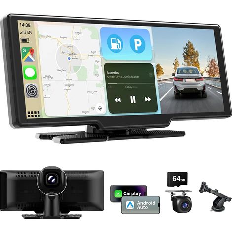 10,26 Pouces Ecran Carplay Voiture avec Carplay Android Auto sans Fil, Autoradio Bluetooth avec Caméra Avant 4K et Caméra de Recul 1080P HD/FM/AUX/64G TF/Mirror Link/Assistant Vocal/GPS (1/5)
