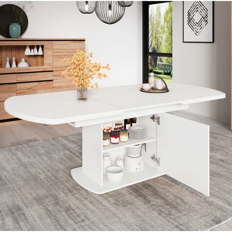Mesa extensible ovalada con almacenamiento, 200 x 80 x 75 cm, blanca y metal HAVRYA (1/5)