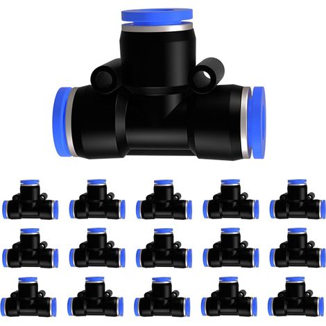 Confezione da 15 raccordi pneumatici OD 6 mm, raccordi rapidi a T a 3 vie per tubo in plastica PE, raccordo pneumatico Push in Connect (PE - 6 mm - 15 pezzi) (1/5)