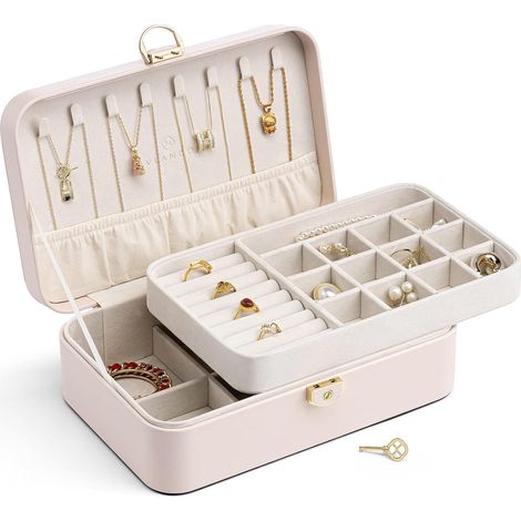 Boite a bijoux Verrouillable à double couche, cadeau femme  Rangement bijoux pour bagues boucles d'oreilles, bracelets, colliers,rangement maison , Idee cadeau, Rose (1/5)