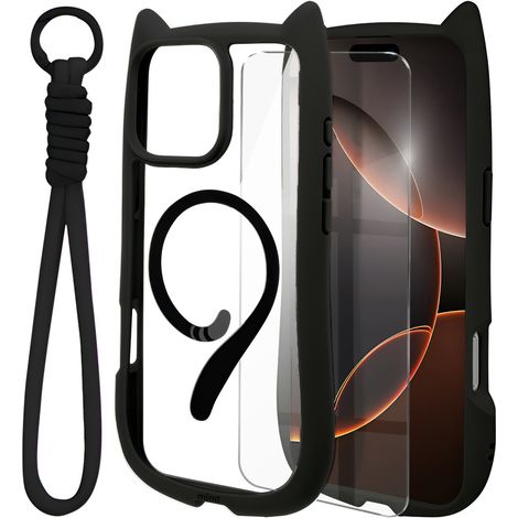 Custodia per iPhone 16 Pro Max, MagSafe, Gatto carino, Nero + Pellicola protettiva per lo schermo (1/5)
