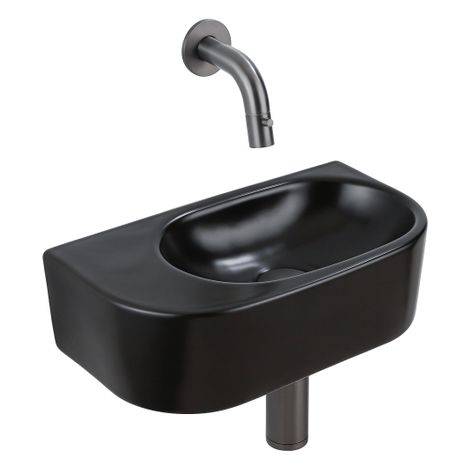 QeramiQ Fuente Ensemble de Lavabo - 40x21.5x12cm - lisse - demi-rond - céramique - ensemble de robinet gunmetal - bouchon de vidange - siphon abaissé (1/5)