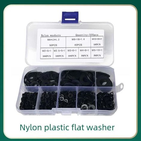 Packung mit 500 flachen Nylondichtungen  Größen M2 bis M10  Elektrische Isolatoren  Leckage- und vibrationsbeständig  Für Sanitär-, Pneumatik- und Elektronikanwendungen