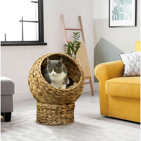 Nicho para gatos de jacinto de agua trenzado con cojín, marrón, 42 x 33 x 52 cm, REDOM (1/5)