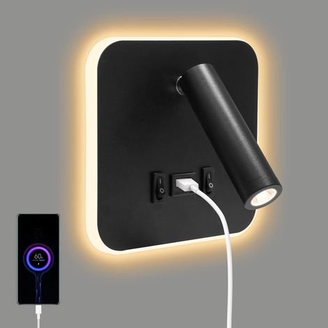 Lampe de Lecture de Chevet, 3 en 1 Applique Murale LED avec Interrupteur Port de Charge USB et Lampe de Lecture, Lampe Prise Murale LED Carrée pour Couloir de Chevet d'hôtel Intérieur (1/5)