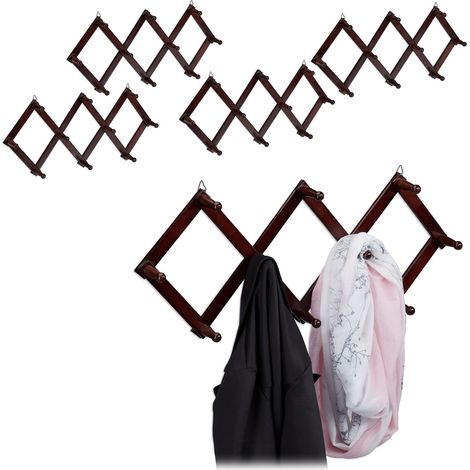 5 x wooden wall coat rack, extendable rail, 10 coat hooks, foldable scissor-style coat rack, dark brown