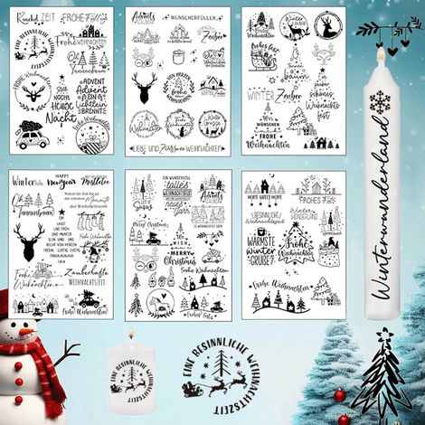 Weihnachtskerzen-Tattoos 6-teilig – Selbstklebende Glückssprüche-Sticker für Kerzen & festliche Weihnachtsdeko