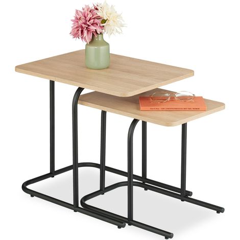 Relaxdays Satztisch, 2er Set, Holzoptik, Metall, eckiger Beistelltisch, Wohnzimmer, Flur, Couchtisch, hellbraun/schwarz