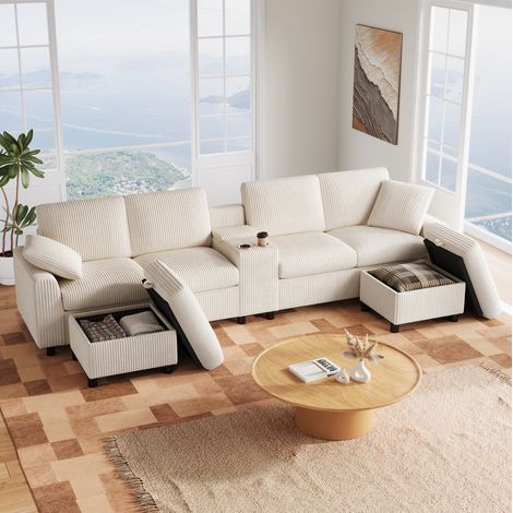 Sofá esquinero en U 315x135x81 cm de pana beige con almacenaje FloraGrace (1/5)