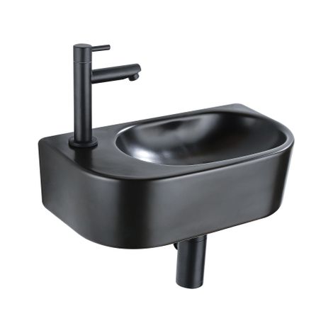 QeramiQ Fuente Ensemble de lavabo - 40x21.5x12cm - gauche - lisse - demi-rond - 1 trou de robinet - céramique - robinet de fontaine noir mat - bouchon (1/5)