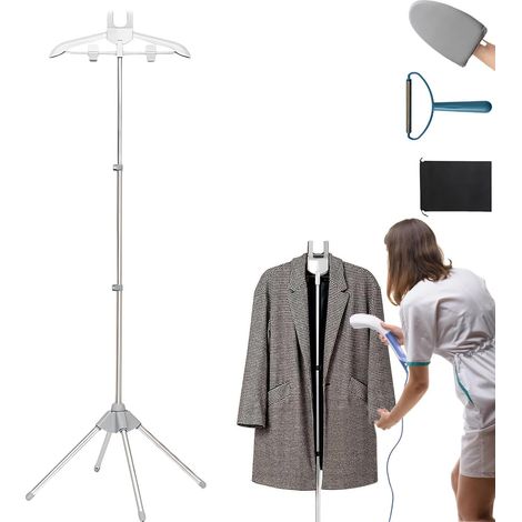 Cintre pour défroisseur, trépied, gris, avec gant de repassage et rasoir à peluches 3 hauteurs réglables rotation à 360° rangement compact. (1/5)