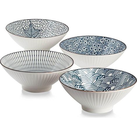 Bol Ramen - Céramique Sans Plomb - 20,3 cm - Micro-Ondes Lave-Vaisselle Congélateur Four - Bleu Blanc - Lot de 4