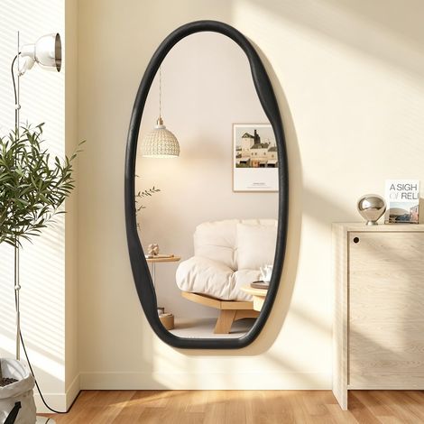 Miroir mural irrégulier avec cadre en bois noir - 100 x 50 cm - Grand miroir suspendu asymétrique moderne horizontal ou vertical pour salon, salle de bain, entrée, chambre à coucher, ferme (1/5)