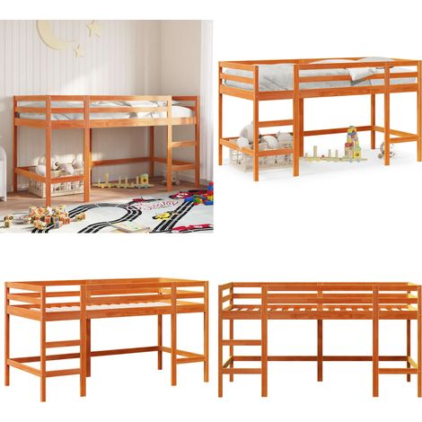 Cama alta de niños con escalera madera maciza marrón 90x190 cm - Escalera de madera - Cama con barandillas