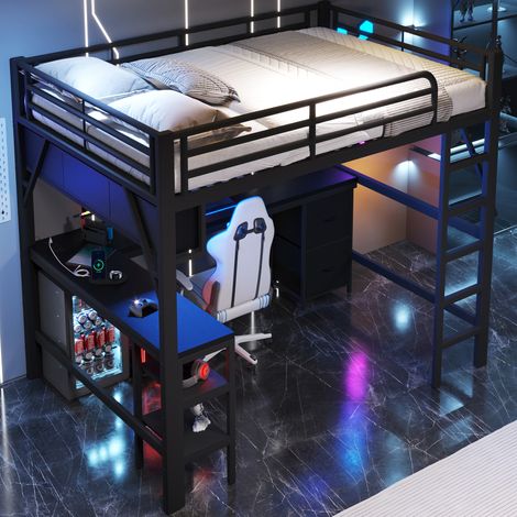 Letto a soppalco gaming 140x200 cm nero in metallo e MDF con scrivania, libreria, armadio, cassetti, LED via app e stazione USB moderno - FLORAGRACE (1/5)