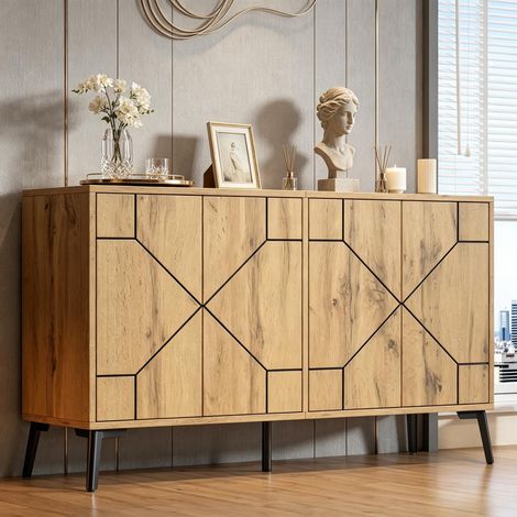 Buffet ondulé 4 portes, fermeture magnétique, armoire de rangement en panneau MDF pour cuisine, salle à manger et salon, support jusqu'à 50 kg, teinte bois, dimensions 120 x 35 x 69 cm (1/5)