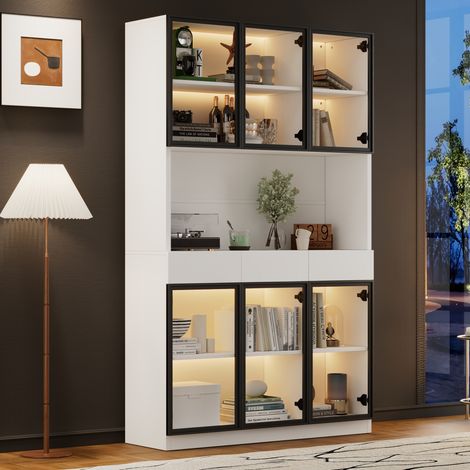 Vitrine aus Spanplatte in Weiß mit Hartglas und LED, 120 x 30 x 200 cm, 6 Türen und 3 Schubladen