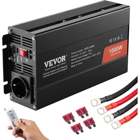 Onduleur à onde sinusoïdale pure, 1000 W, onduleur CC 12 V vers CA 230 V, avec 1 prise CA, 1 port USB, 1 port Type-C, et télécommande pour petits appareils domestiques comme smartphone, pc (1/5)