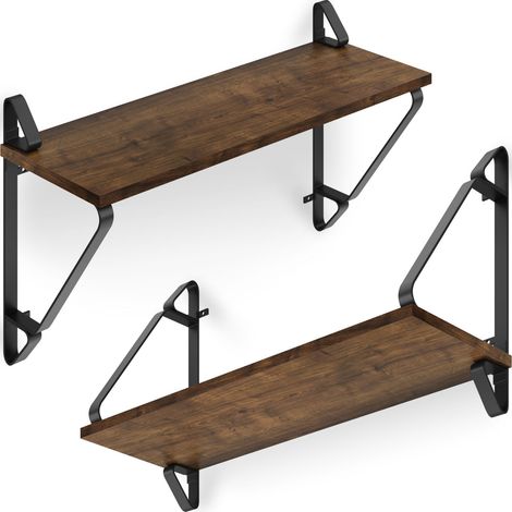 Lot de 2 étagères murales Style industriel 15kg max. Bois foncé (1/5)