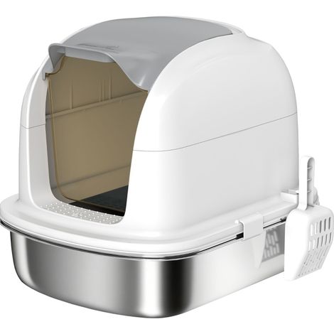 Cassetta igienica per gatti in acciaio inox con coperchio, bianca, 52,4 x 41,3 x 42 cm (1/3)