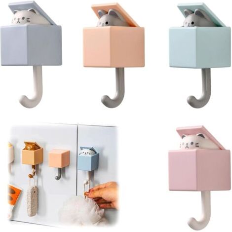 Pair - Crochets Muraux, Animaux Crochet Adhesif Mignon Crochet, Créatif pour Manteau Cat Hook, Rétractables Crochets Adhésifs Animal(4pcs) (1/5)