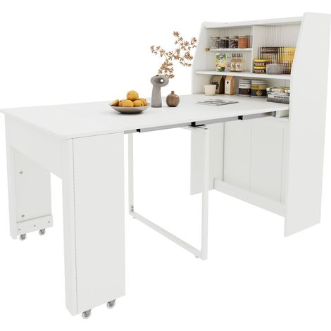 Table à manger extensible avec rangement, meuble multifonction en panneau de particules, verre et métal, blanc, pour 2-3 personnes  CHICFURN (1/5)