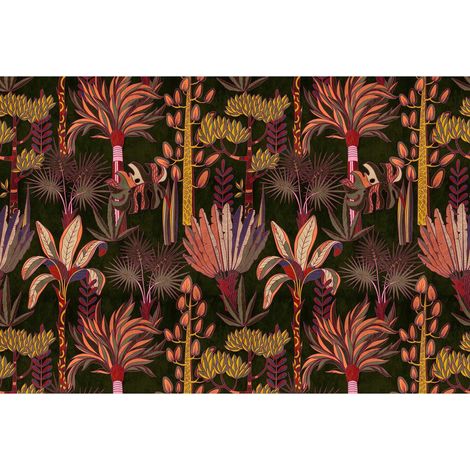 Papier peint panoramique jungle marron & rouge Tapisserie panoramique tropicale multicolore Papier peint panoramique idéal salon & escalier (1/2)