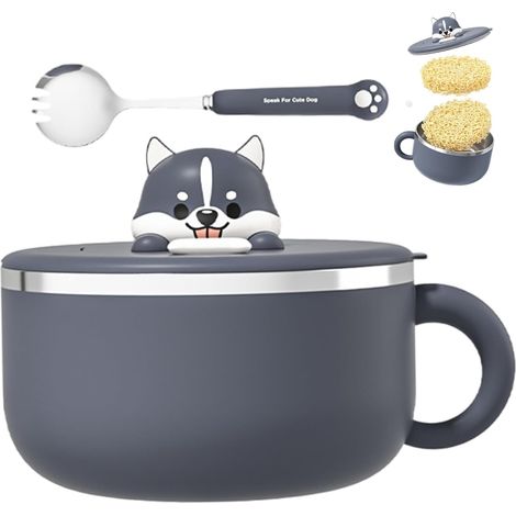 Instant Noodle Bowl with Handles, 1200ml, Cute Husky Instant Ramen Bowl with Lid and Spoon, 304 Stainless Steel Ramen Cooker for Soup, Noodles (1/5)